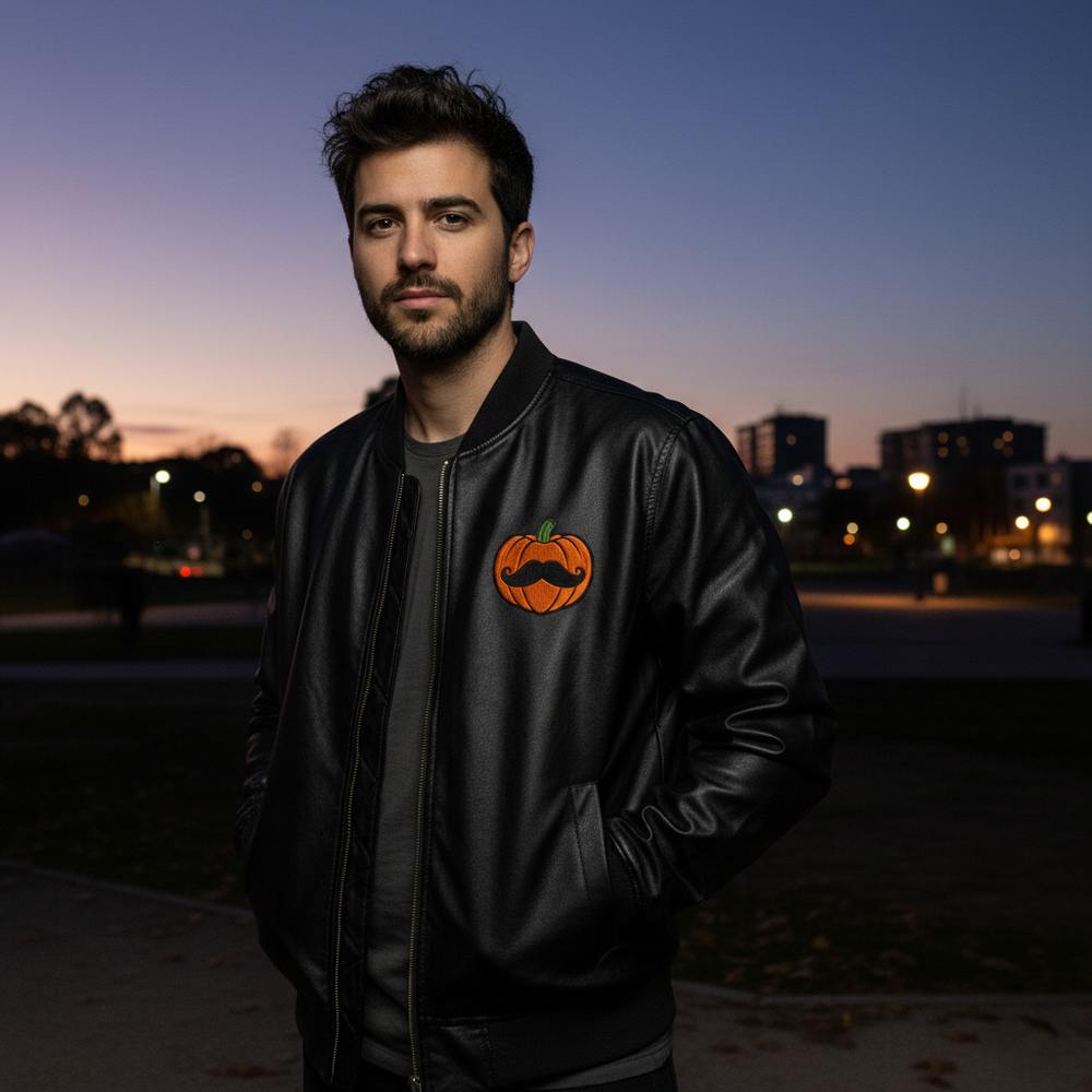 Embroidered Pumpkin Leather Bomber Jacket