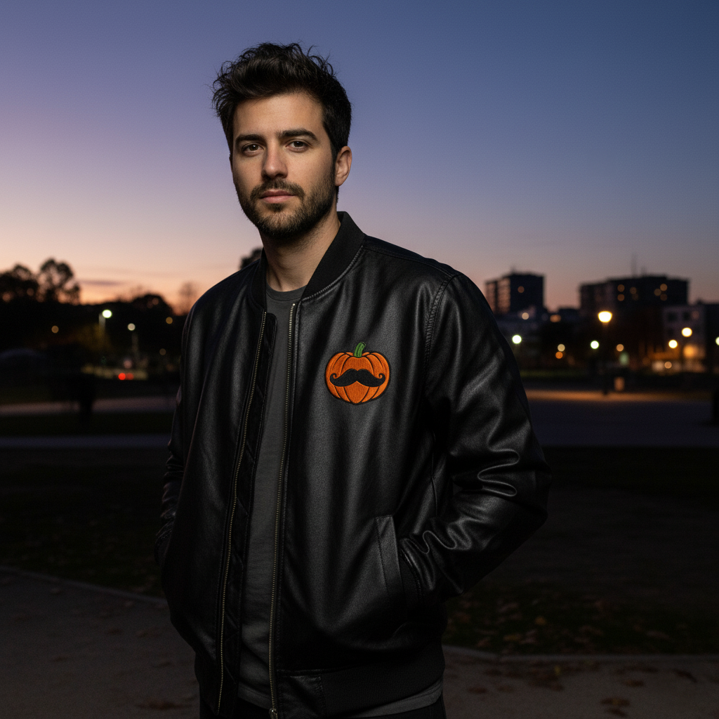 Embroidered Pumpkin Leather Bomber Jacket